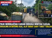 ‎Truk Bermuatan Cairan Diduga Minyak Ilegal Terguling di Batang Asai, Alat Berat SANY Turut Terlihat